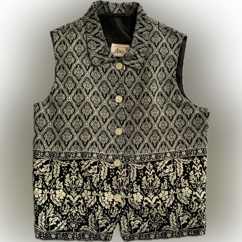 ALBRIA lined vest with adjustable tie in back, tan & navy blue, LARGE